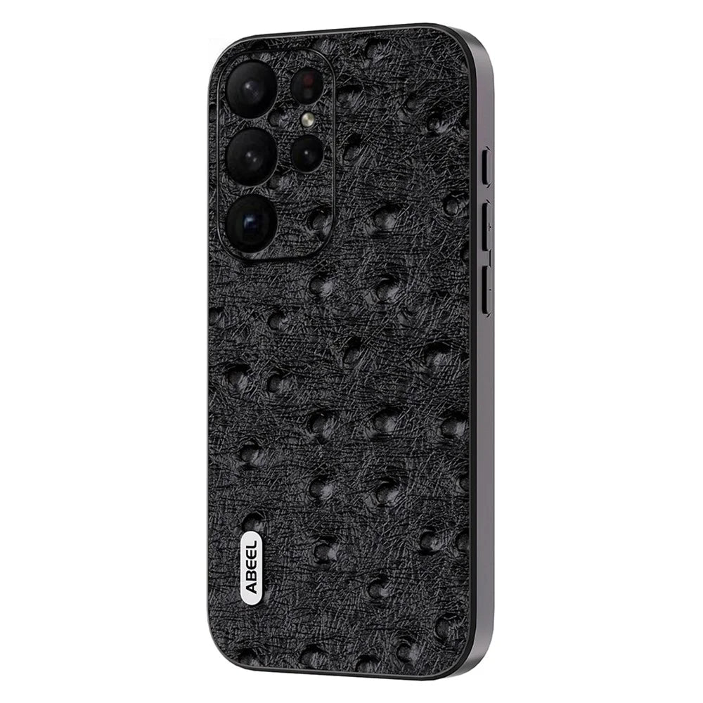 ABEEL Ostrich Texture Phone Case for Samsung Galaxy S23 Ultra Genuine Cow Leather+PC+TPU Phone Cover - Black - 1