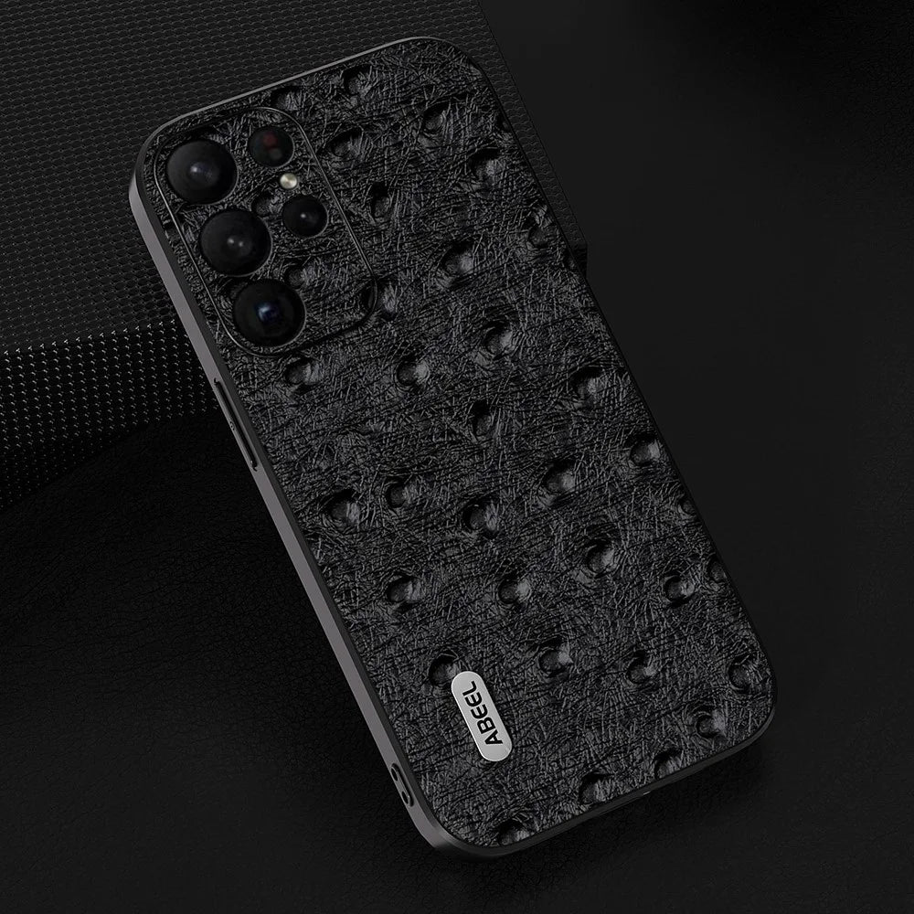 ABEEL Ostrich Texture Phone Case for Samsung Galaxy S23 Ultra Genuine Cow Leather+PC+TPU Phone Cover - Black - 2