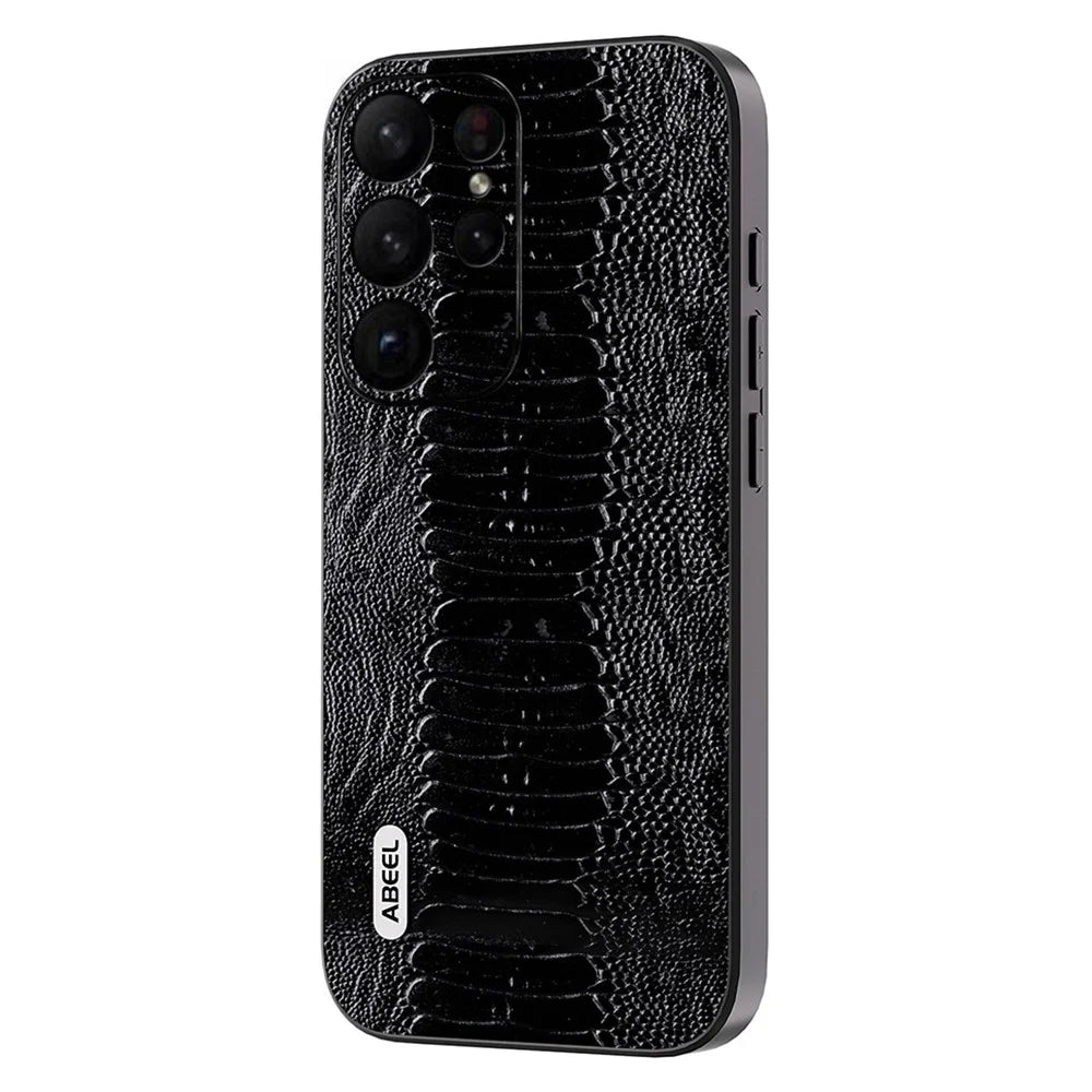ABEEL For Samsung Galaxy S23 Ultra Anti-Drop Crocodile Texture PC+TPU Phone Case Genuine Cow Leather Cover - Black - 1