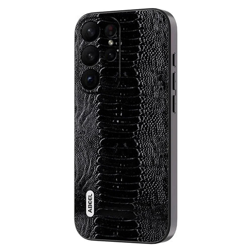 ABEEL For Samsung Galaxy S23 Ultra Anti-Drop Crocodile Texture PC+TPU Phone Case Genuine Cow Leather Cover - Black - 1