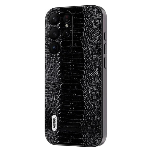 ABEEL For Samsung Galaxy S23 Ultra Anti-Drop Crocodile Texture PC+TPU Phone Case Genuine Cow Leather Cover - Black - 1