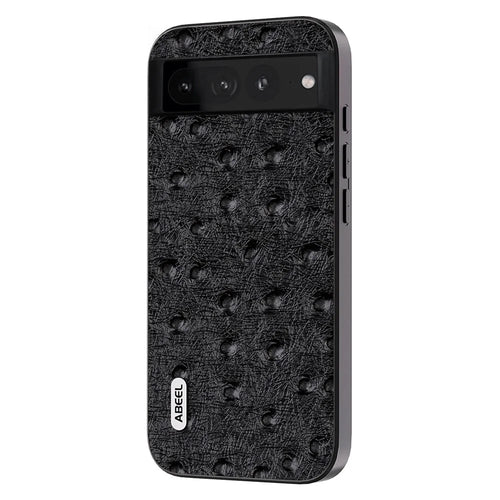 ABEEL Phone Case for Google Pixel 8 Pro Shockproof Case Ostrich Texture Genuine Cow Leather+PC+TPU Cover - Black - 1
