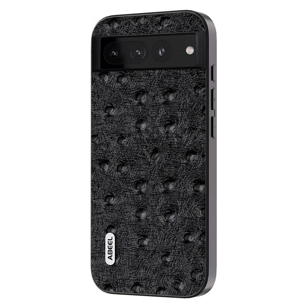 ABEEL Phone Case for Google Pixel 8 Pro Shockproof Case Ostrich Texture Genuine Cow Leather+PC+TPU Cover - Black - 1