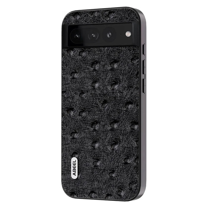 ABEEL Phone Case for Google Pixel 8 Pro Shockproof Case Ostrich Texture Genuine Cow Leather+PC+TPU Cover - Black - 1