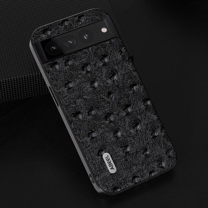 ABEEL Phone Case for Google Pixel 8 Pro Shockproof Case Ostrich Texture Genuine Cow Leather+PC+TPU Cover - Black - 2