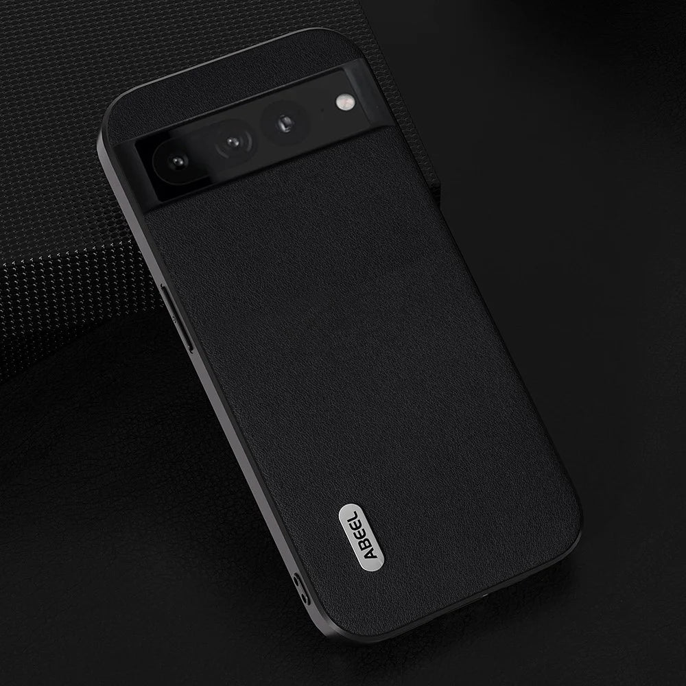 ABEEL Shockproof Case for Google Pixel 8 Pro Nappa Texture Phone Shell Genuine Cow Leather+PC+TPU Cover - Black - 2