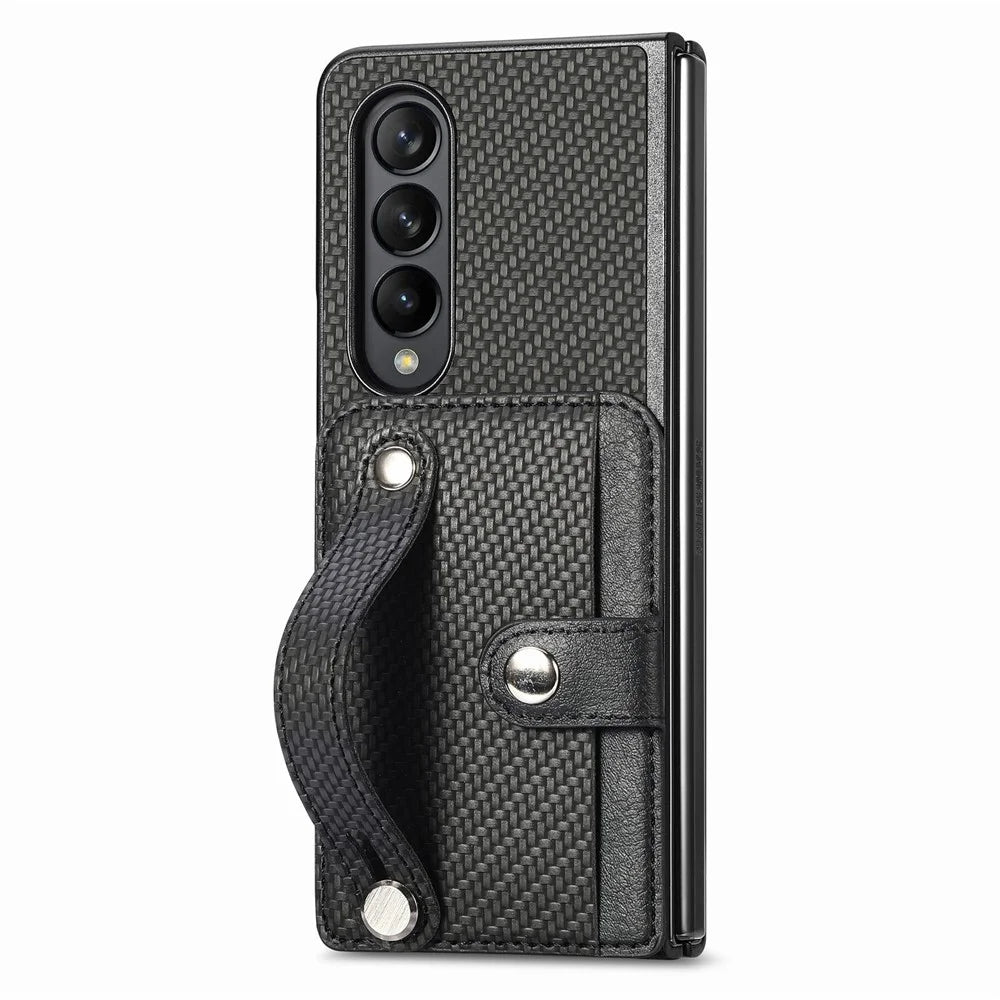 Card Slot Phone Cover for Samsung Galaxy Z Fold5 5G , PU Leather+PC Wristband Kickstand Cell Phone Case - Black - 1