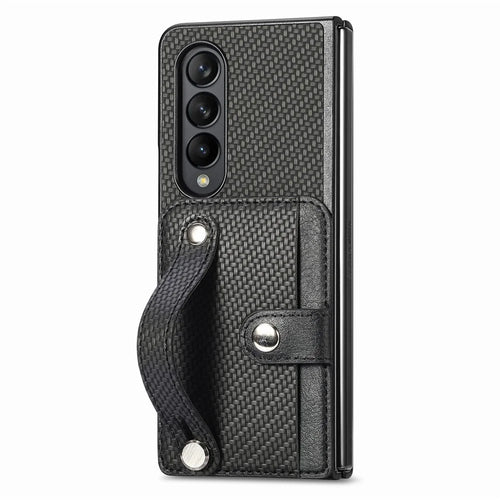 Card Slot Phone Cover for Samsung Galaxy Z Fold5 5G , PU Leather+PC Wristband Kickstand Cell Phone Case - Black - 1