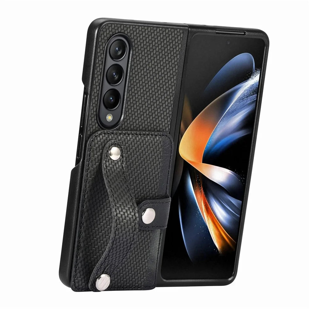 Card Slot Phone Cover for Samsung Galaxy Z Fold5 5G , PU Leather+PC Wristband Kickstand Cell Phone Case - Black - 2