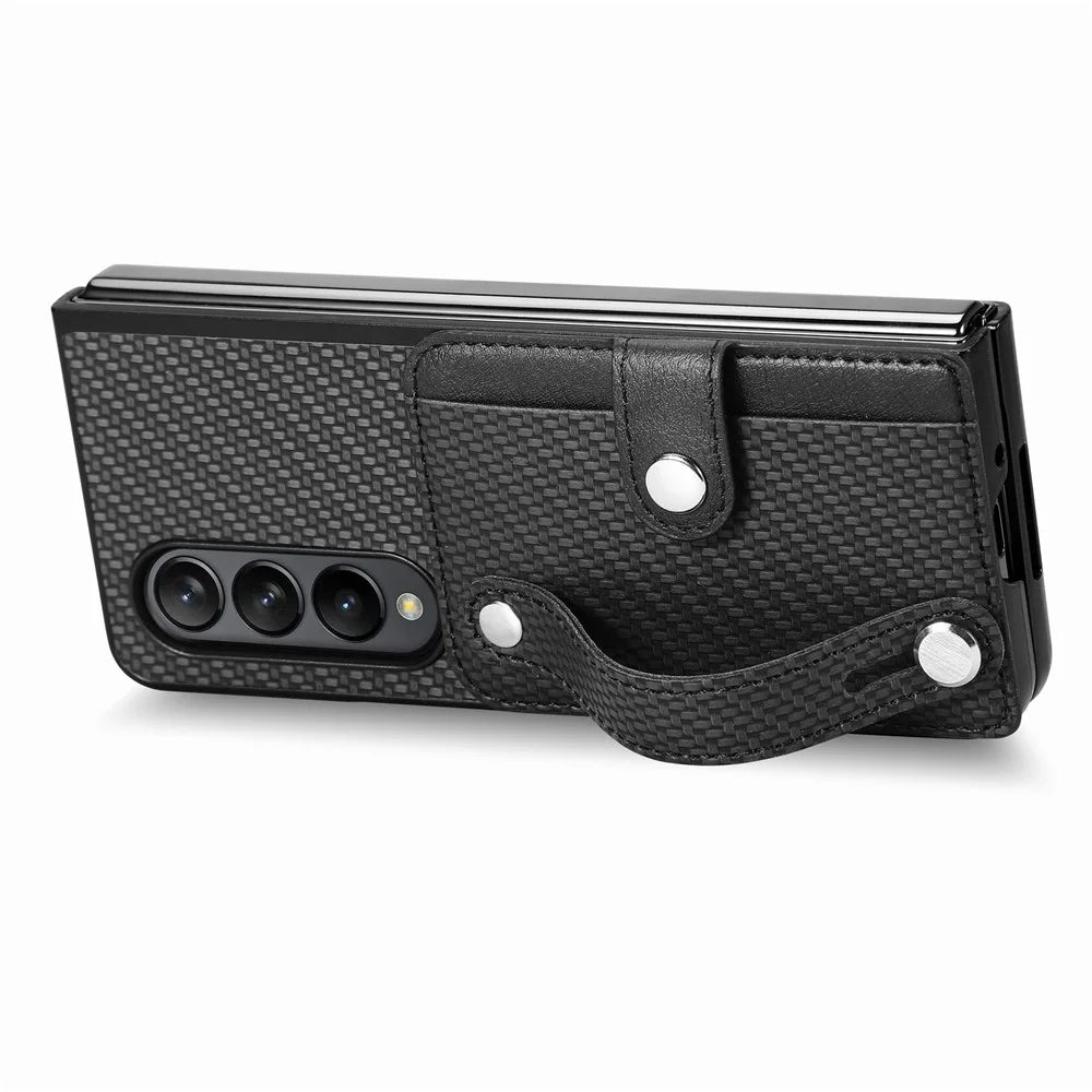 Card Slot Phone Cover for Samsung Galaxy Z Fold5 5G , PU Leather+PC Wristband Kickstand Cell Phone Case - Black - 3