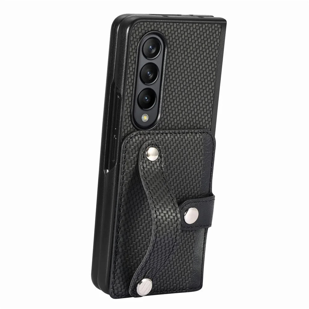 Card Slot Phone Cover for Samsung Galaxy Z Fold5 5G , PU Leather+PC Wristband Kickstand Cell Phone Case - Black - 4