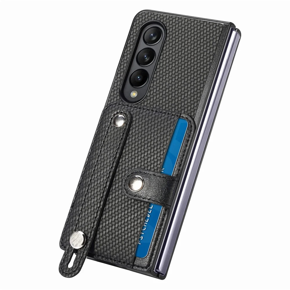 Card Slot Phone Cover for Samsung Galaxy Z Fold5 5G , PU Leather+PC Wristband Kickstand Cell Phone Case - Black - 5