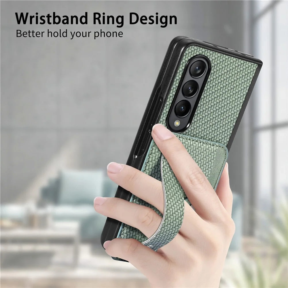 Card Slot Phone Cover for Samsung Galaxy Z Fold5 5G , PU Leather+PC Wristband Kickstand Cell Phone Case - Black - 6