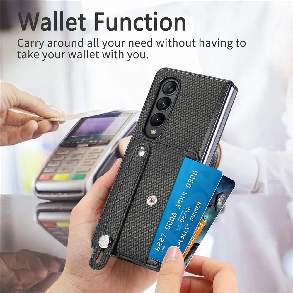 Card Slot Phone Cover for Samsung Galaxy Z Fold5 5G , PU Leather+PC Wristband Kickstand Cell Phone Case - Black - 7