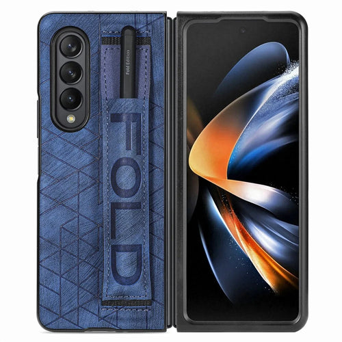 Telescopic Wristband Phone Cover for Samsung Galaxy Z Fold5 5G , PU Leather+PC Phone Case with Pen Slot - Blue - 1