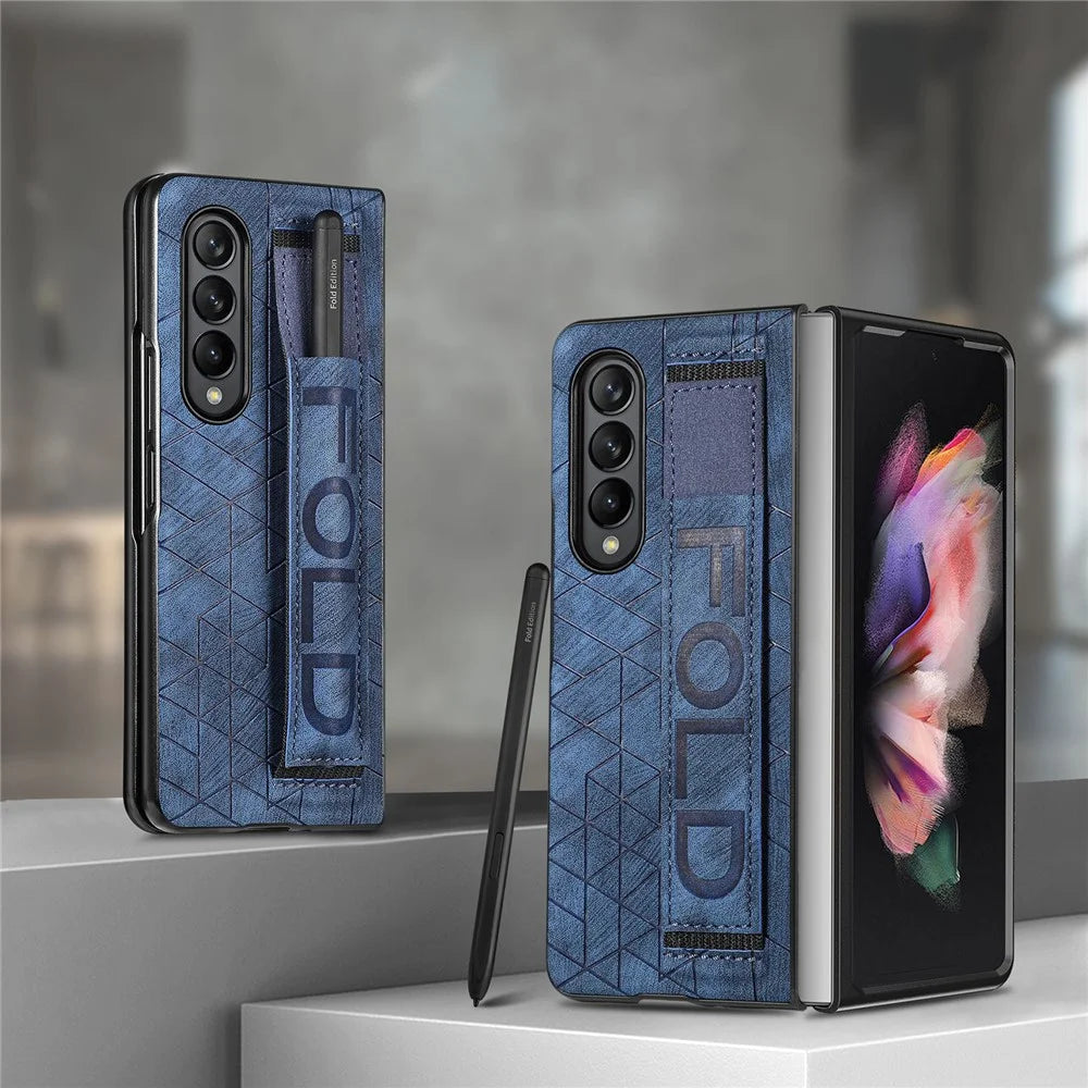 Telescopic Wristband Phone Cover for Samsung Galaxy Z Fold5 5G , PU Leather+PC Phone Case with Pen Slot - Blue - 2