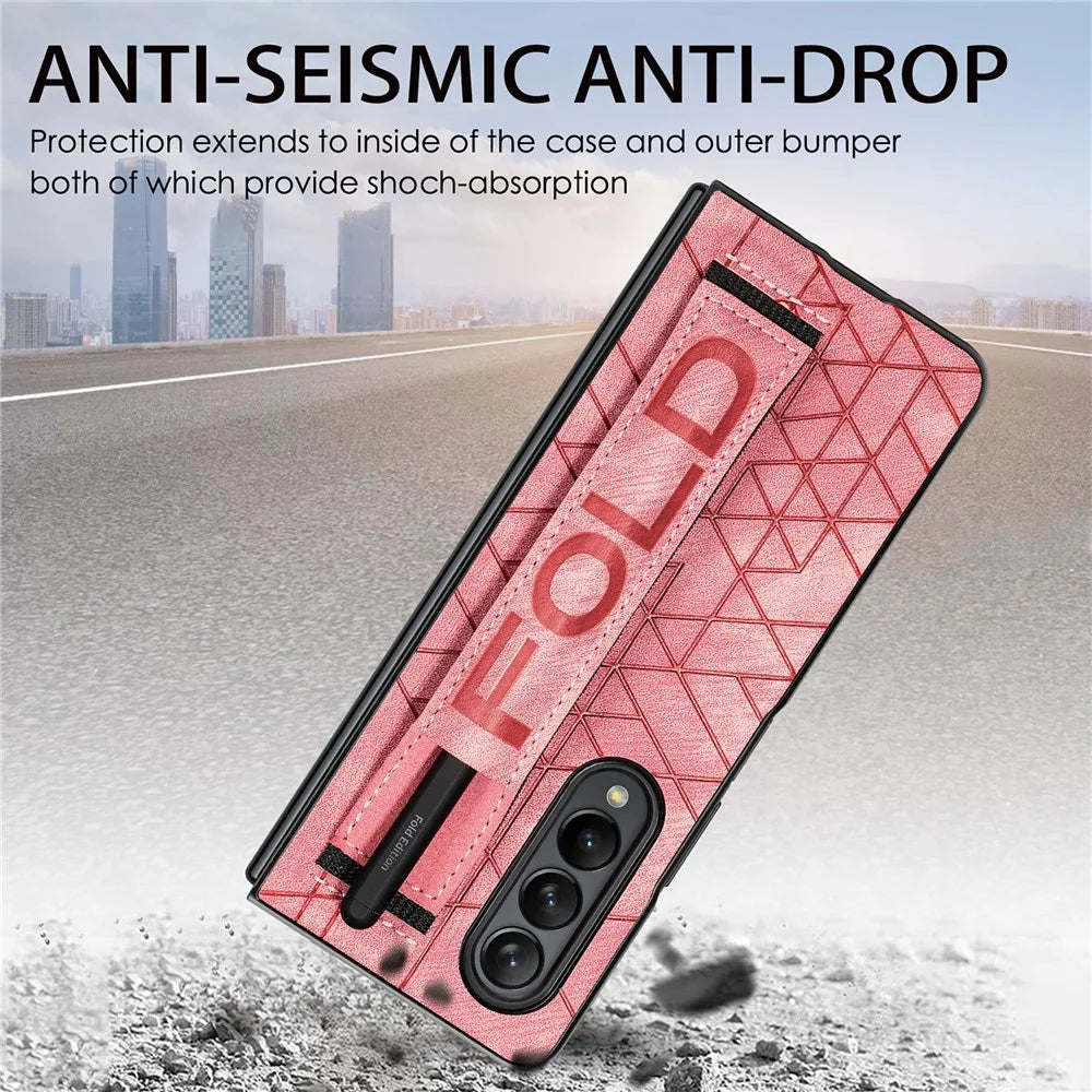 Telescopic Wristband Phone Cover for Samsung Galaxy Z Fold5 5G , PU Leather+PC Phone Case with Pen Slot - Blue - 7
