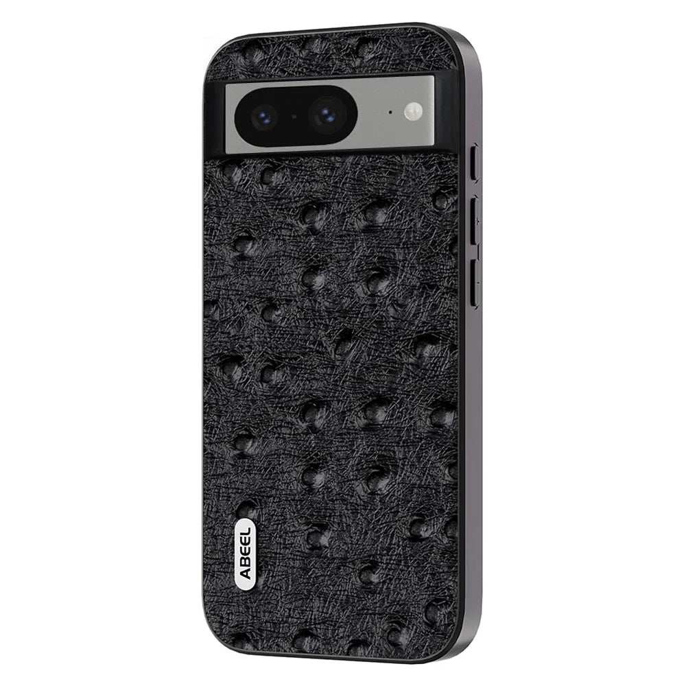 ABEEL For Google Pixel 8 Ostrich Texture Phone Case Genuine Cow Leather+PC+TPU Back Cover - Black - 1