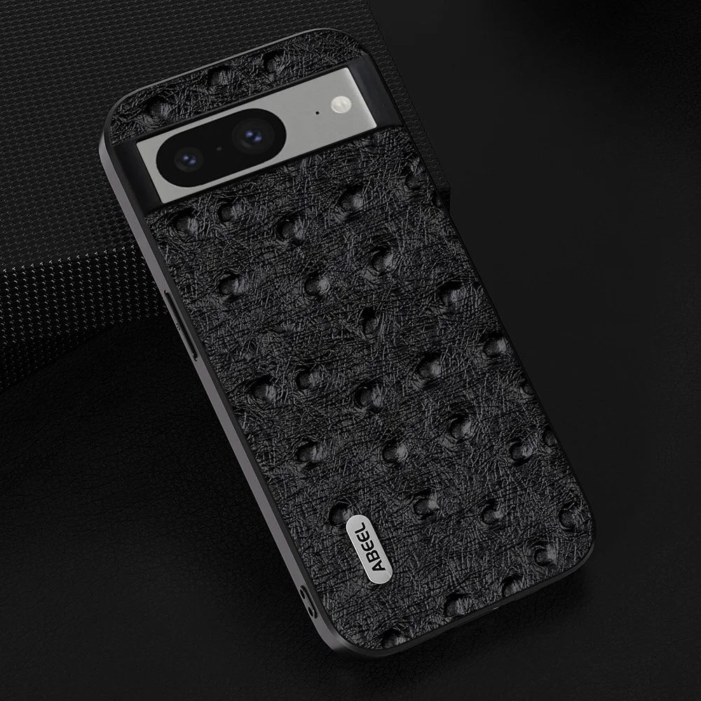 ABEEL For Google Pixel 8 Ostrich Texture Phone Case Genuine Cow Leather+PC+TPU Back Cover - Black - 2