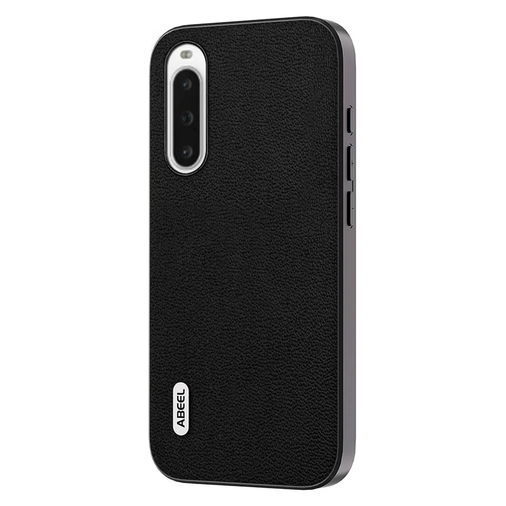 ABEEL For Sony Xperia 10 V Genuine Cow Leather Coated PC+TPU Cover Litchi Texture Phone Case - Black - 1