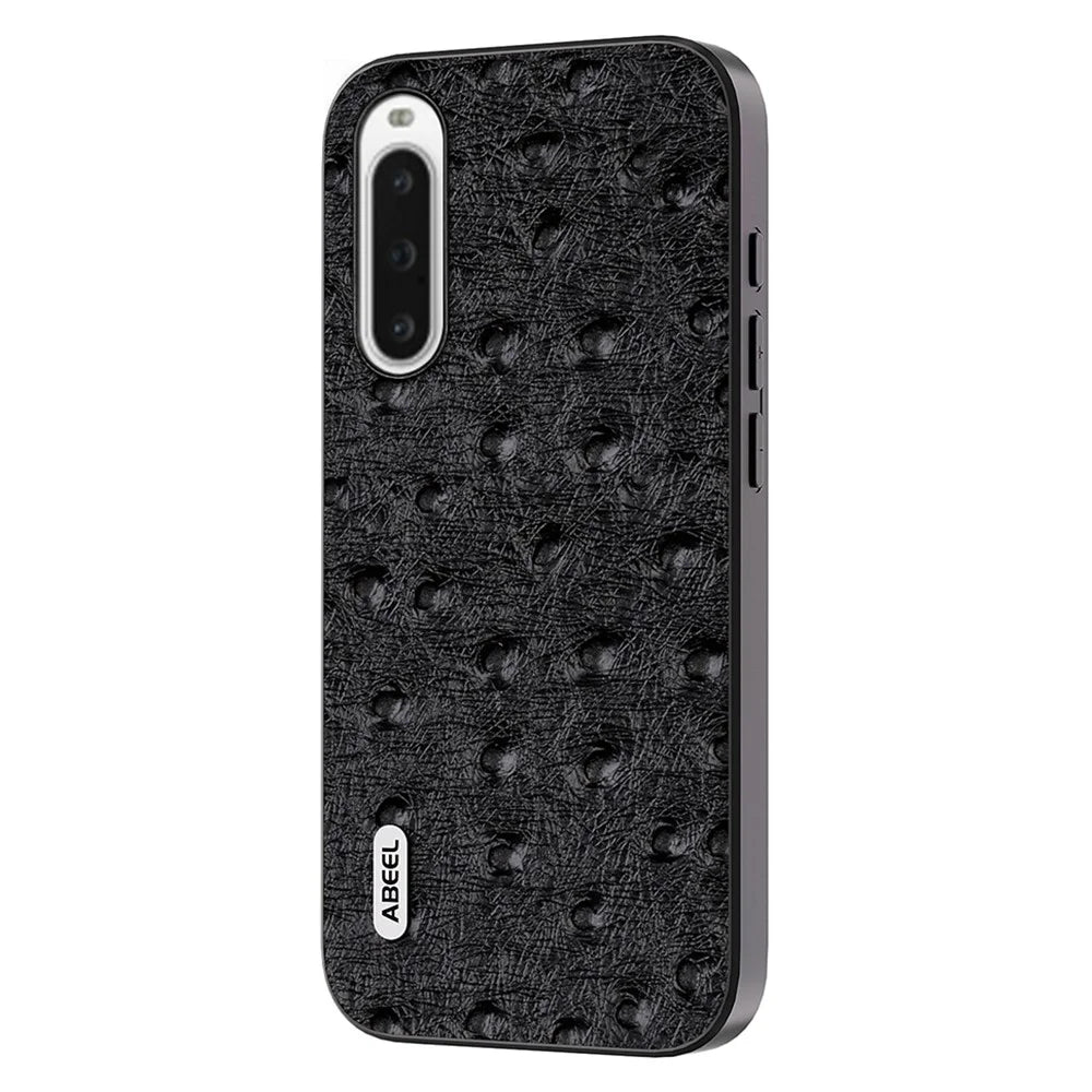 ABEEL Ostrich Texture Phone Case for Sony Xperia 10 V Genuine Cow Leather+PC+TPU Anti-fall Cover - Black - 1