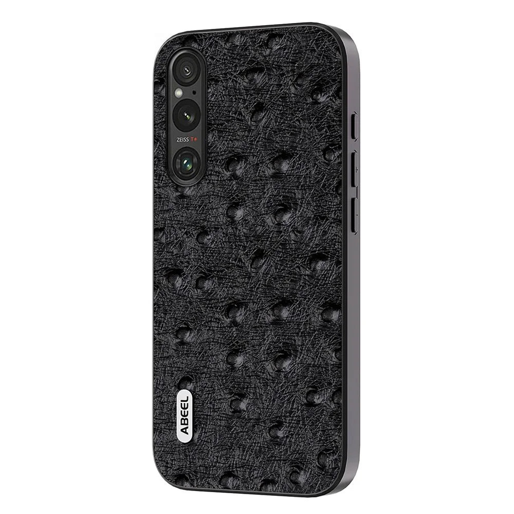 ABEEL For Sony Xperia 1 V Ostrich Texture Genuine Cow Leather Coated Phone Case PC+TPU Back Cover - Black - 1