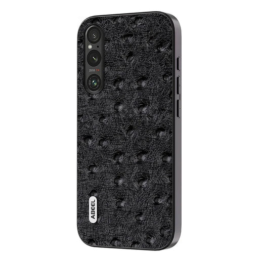 ABEEL For Sony Xperia 1 V Ostrich Texture Genuine Cow Leather Coated Phone Case PC+TPU Back Cover - Black - 1