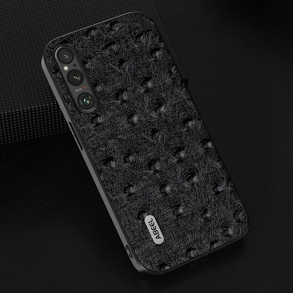 ABEEL For Sony Xperia 1 V Ostrich Texture Genuine Cow Leather Coated Phone Case PC+TPU Back Cover - Black - 2