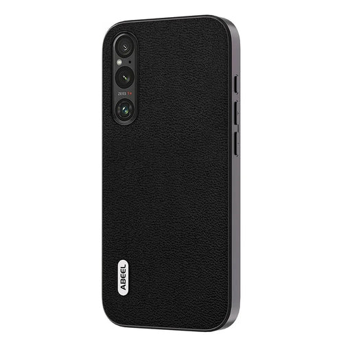 ABEEL For Sony Xperia 1 V PC+TPU Genuine Cow Leather Coated Cover Litchi Texture Phone Case - Black - 1