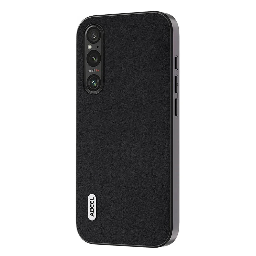 ABEEL For Sony Xperia 1 V Nappa Texture Genuine Cow Leather Coated Case PC+TPU Phone Cover - Black - 1