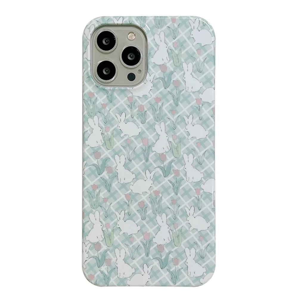 Hard PC Phone Cover for iPhone 12 Pro 6.1 inch Pattern Printing Anti-Drop Glossy Phone Case - Tulip and Rabbit - 1