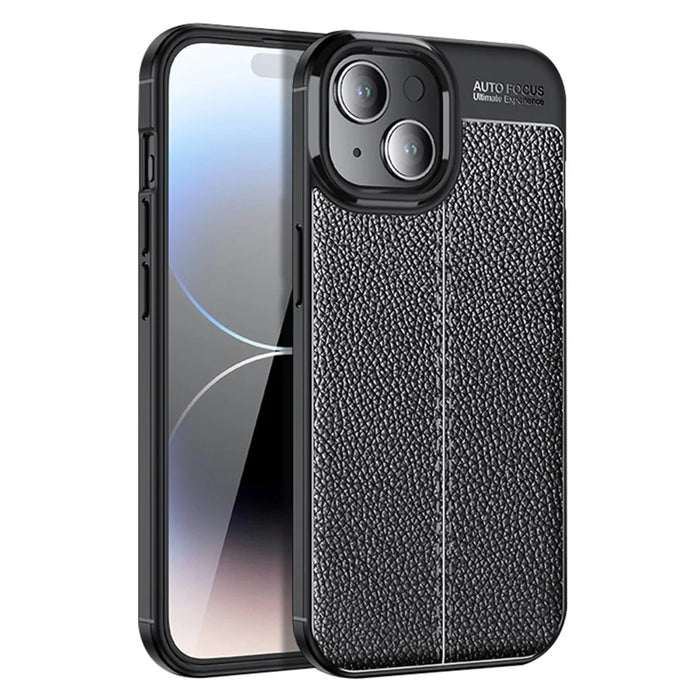 For iPhone 15 Shockproof Back Cover Litchi Texture TPU Phone Case - Black - 1