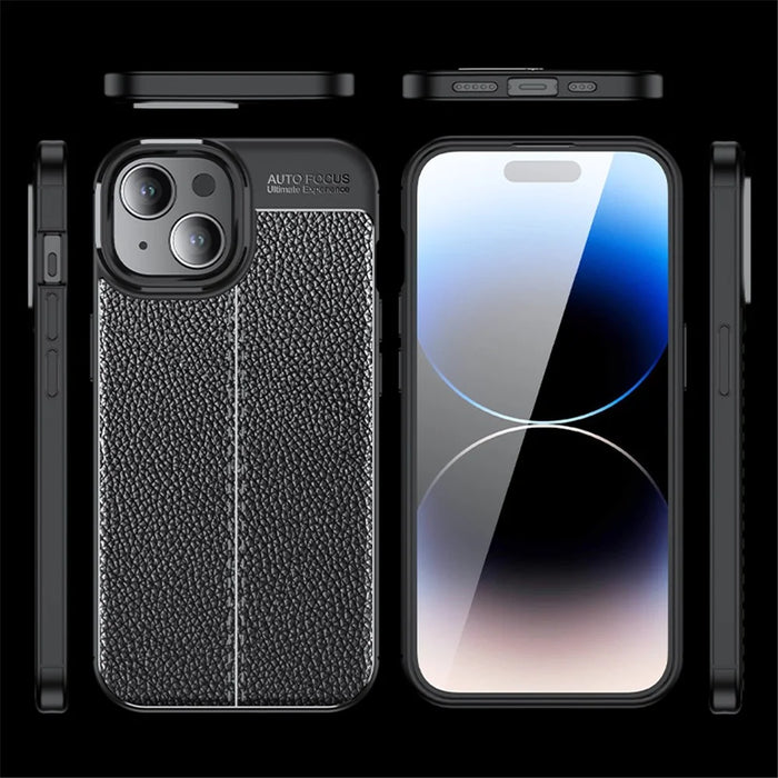 For iPhone 15 Shockproof Back Cover Litchi Texture TPU Phone Case - Black - 7