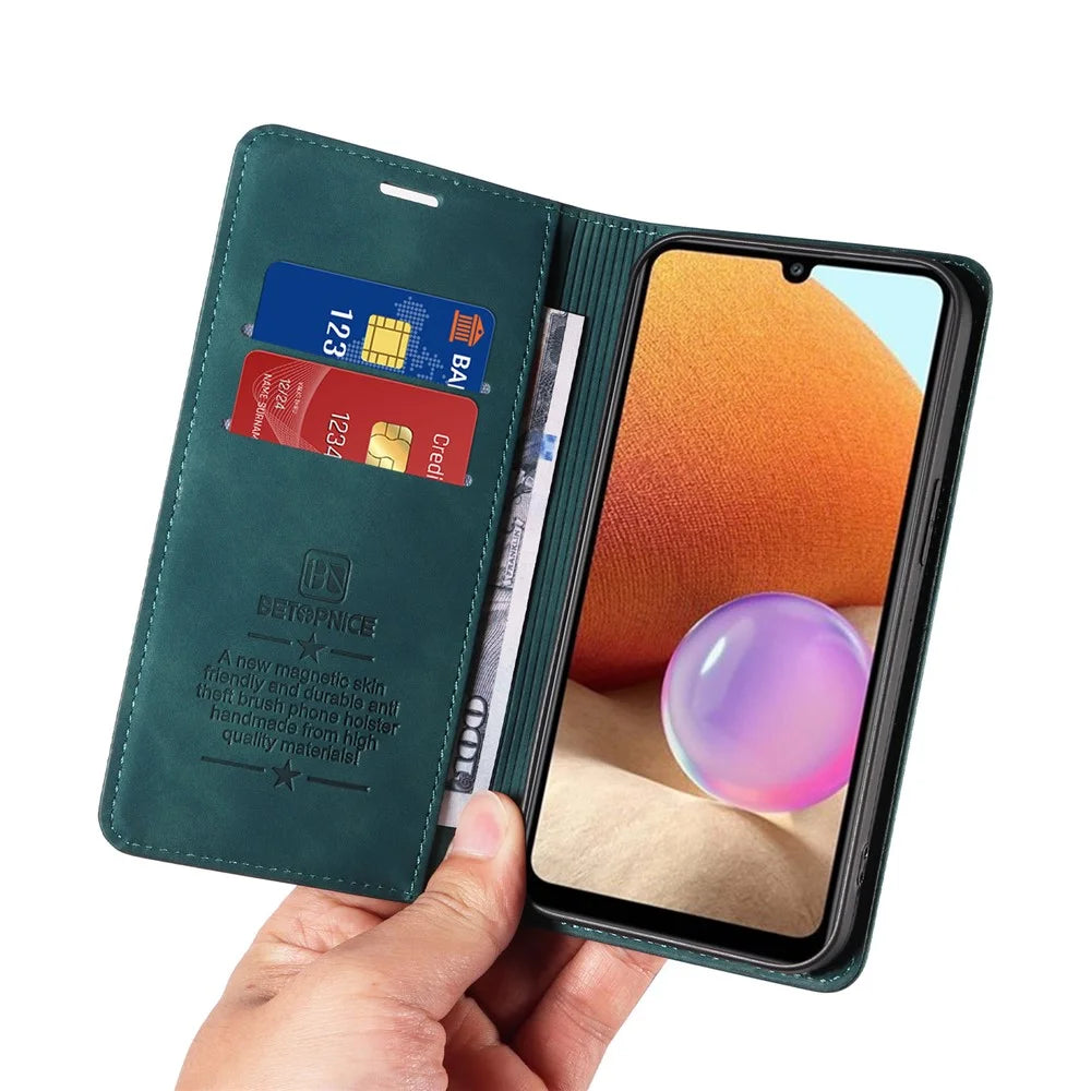BETOPNICE 003 Phone Cover for Samsung Galaxy A32 4G (EU Version) RFID Blocking Wallet Leather Stand Case - Green - 6