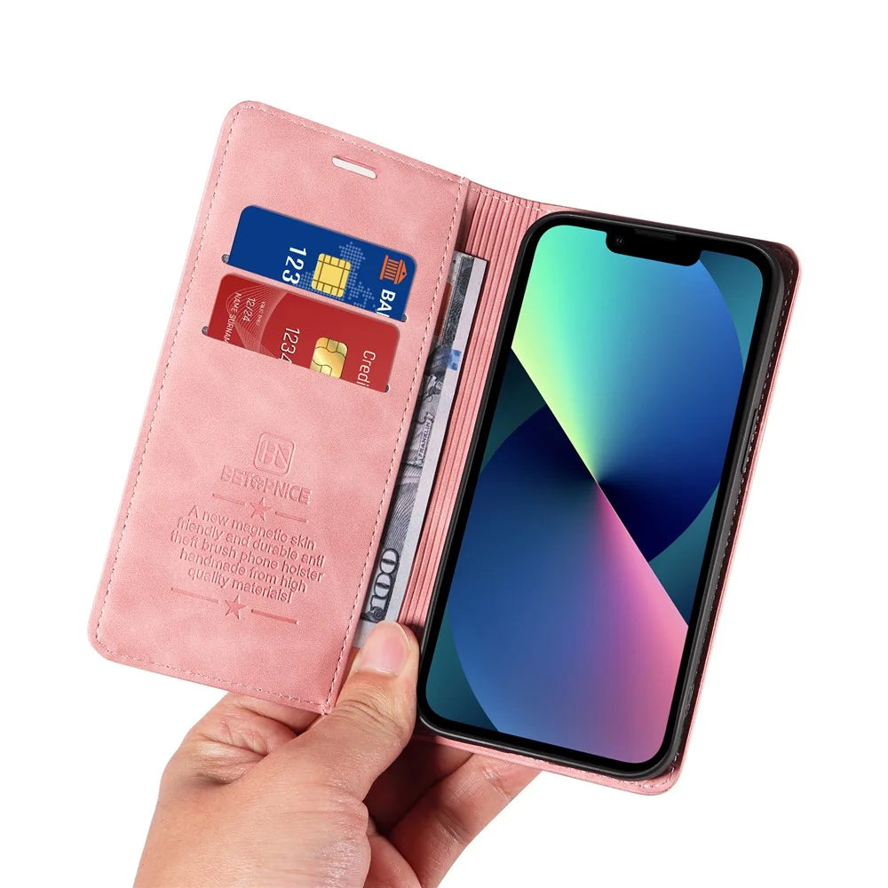 BETOPNICE 003 For iPhone 13 mini 5.4 inch Cell Phone Cover RFID Blocking Wallet Leather Stand Case - Pink - 6