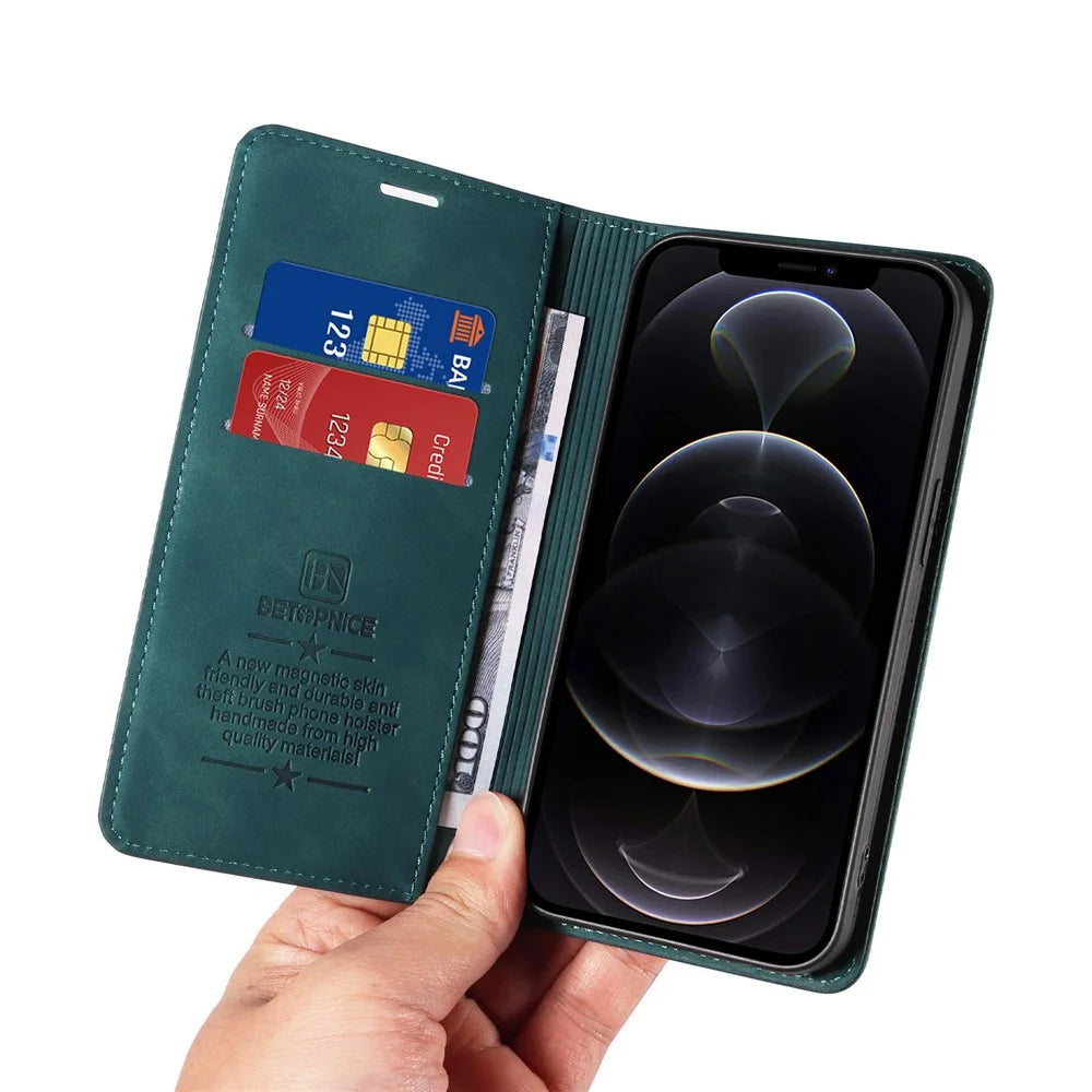 BETOPNICE 003 For iPhone 12 Pro Max 6.7 inch Anti-scratch Phone Cover Wallet Leather Stand RFID Blocking Case - Green - 6