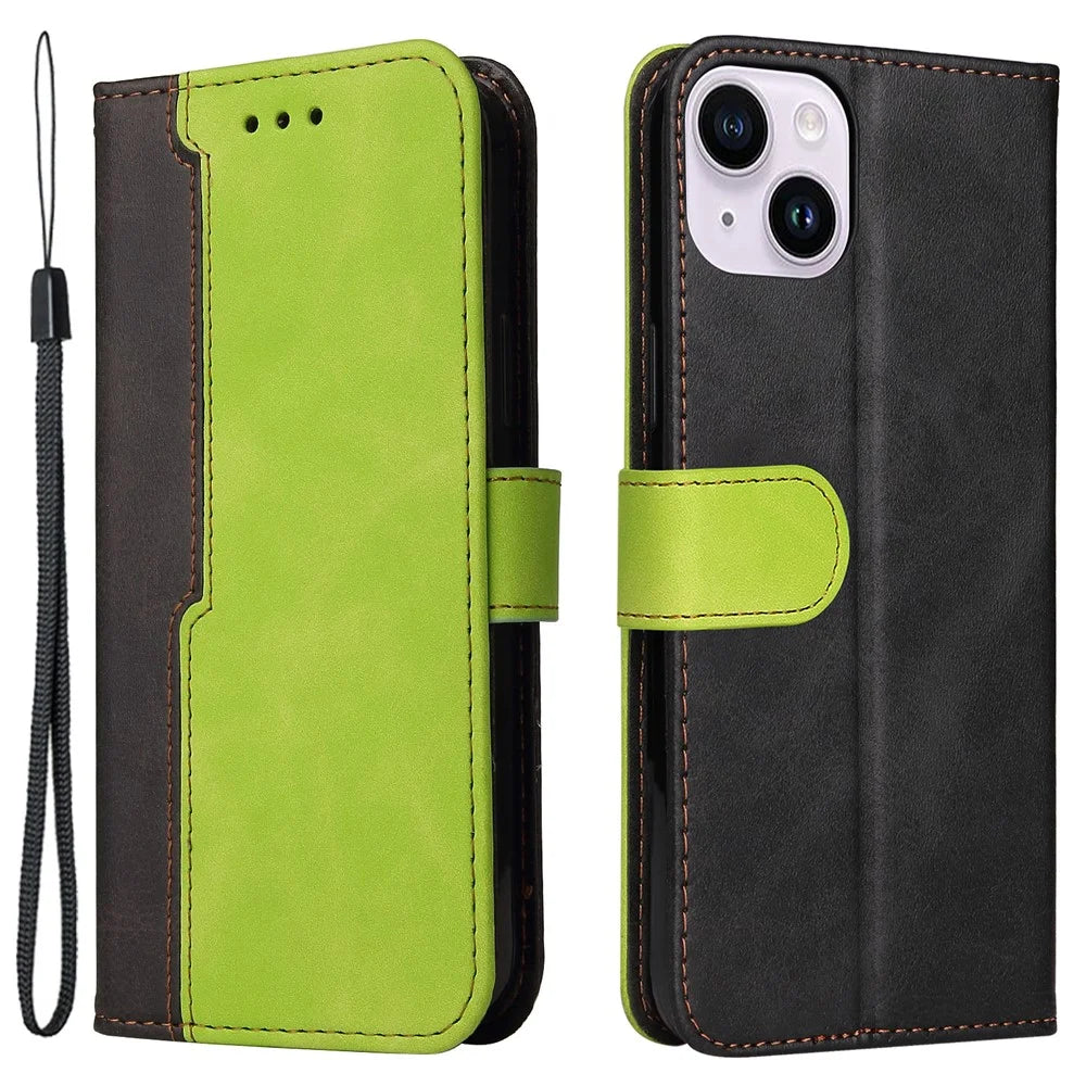 For iPhone 15 Plus Business Style Phone Case Stand Wallet Dual-Color Splicing PU Leather Cover - Green - 1