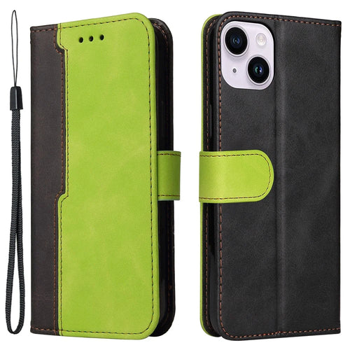 For iPhone 15 Plus Business Style Phone Case Stand Wallet Dual-Color Splicing PU Leather Cover - Green - 1