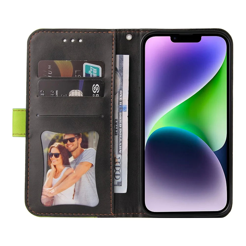 For iPhone 15 Plus Business Style Phone Case Stand Wallet Dual-Color Splicing PU Leather Cover - Green - 2