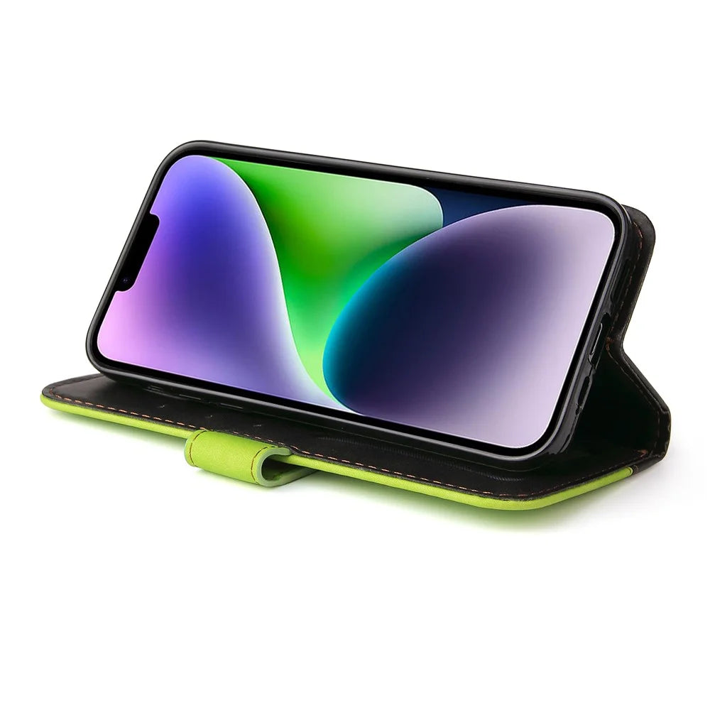 For iPhone 15 Plus Business Style Phone Case Stand Wallet Dual-Color Splicing PU Leather Cover - Green - 3
