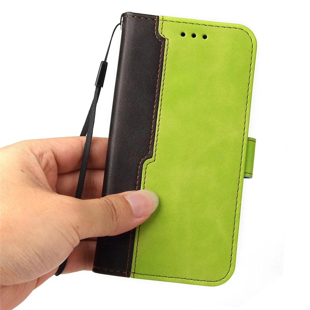 For iPhone 15 Plus Business Style Phone Case Stand Wallet Dual-Color Splicing PU Leather Cover - Green - 6