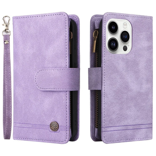 For iPhone 15 Pro Max Zipper Pocket Phone Case Imprinted Skin-touch Wallet Stand PU Leather Cover with Multiple Card Slots - Purple - 1