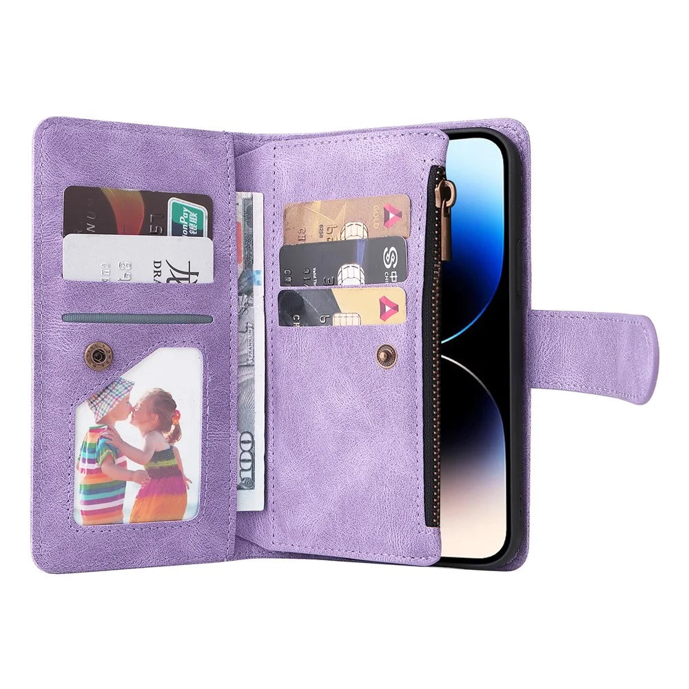For iPhone 15 Pro Max Zipper Pocket Phone Case Imprinted Skin-touch Wallet Stand PU Leather Cover with Multiple Card Slots - Purple - 2