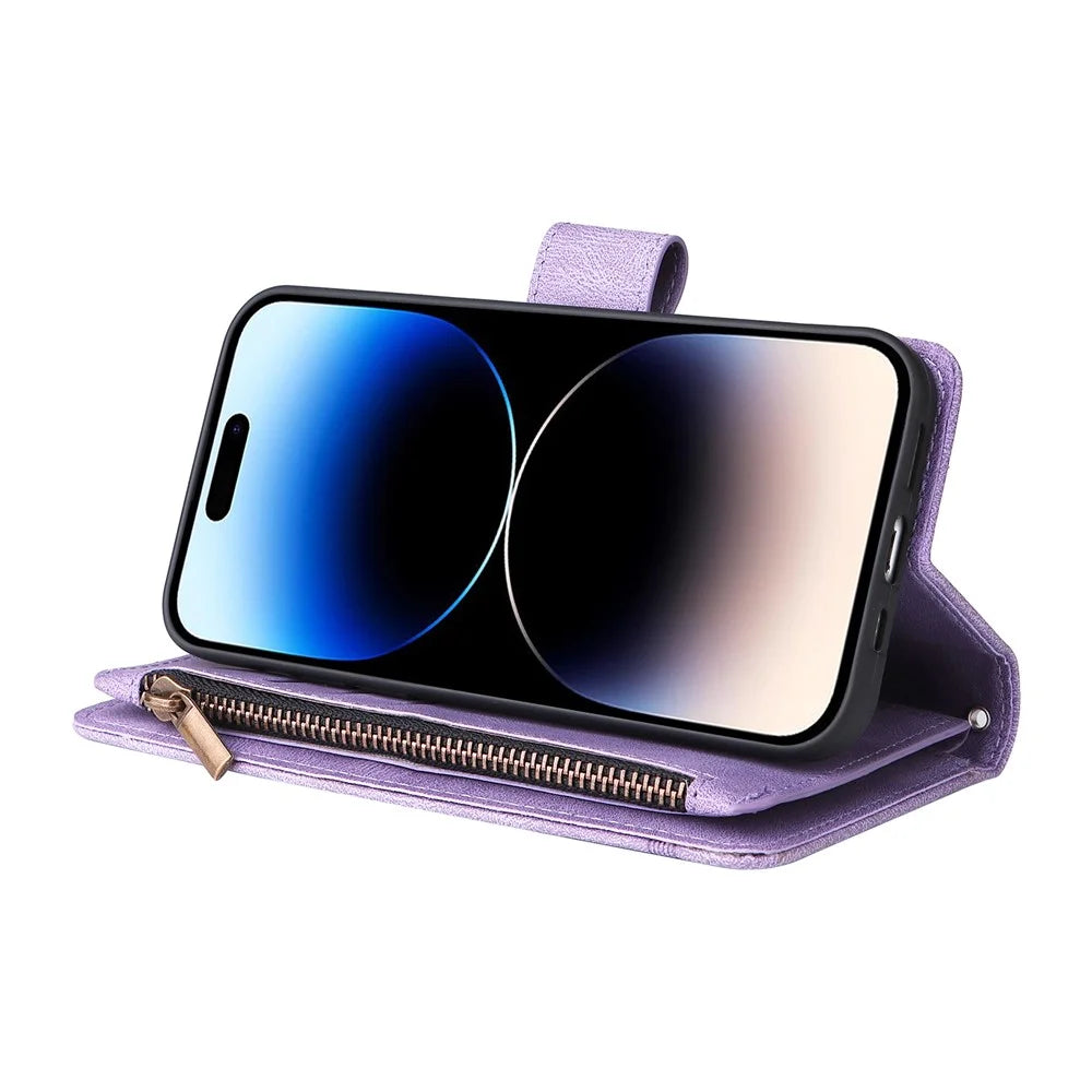 For iPhone 15 Pro Max Zipper Pocket Phone Case Imprinted Skin-touch Wallet Stand PU Leather Cover with Multiple Card Slots - Purple - 3