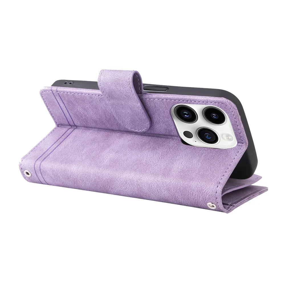 For iPhone 15 Pro Max Zipper Pocket Phone Case Imprinted Skin-touch Wallet Stand PU Leather Cover with Multiple Card Slots - Purple - 4