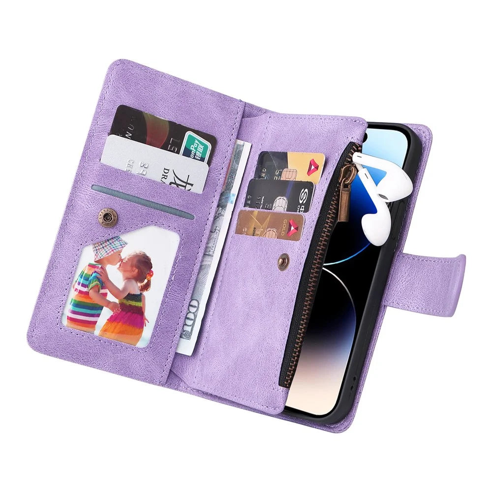 For iPhone 15 Pro Max Zipper Pocket Phone Case Imprinted Skin-touch Wallet Stand PU Leather Cover with Multiple Card Slots - Purple - 5