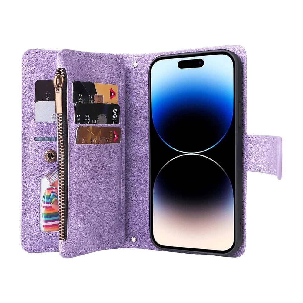 For iPhone 15 Pro Max Zipper Pocket Phone Case Imprinted Skin-touch Wallet Stand PU Leather Cover with Multiple Card Slots - Purple - 6