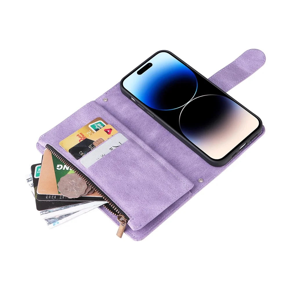 For iPhone 15 Pro Max Zipper Pocket Phone Case Imprinted Skin-touch Wallet Stand PU Leather Cover with Multiple Card Slots - Purple - 7