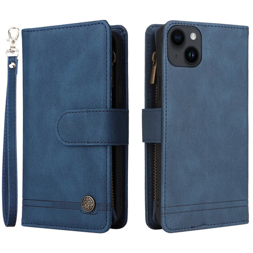 For iPhone 15 Plus Zipper Pocket Phone Case Imprinted Skin-touch Wallet Stand Multiple Card Slots PU Leather Cover - Blue - 1