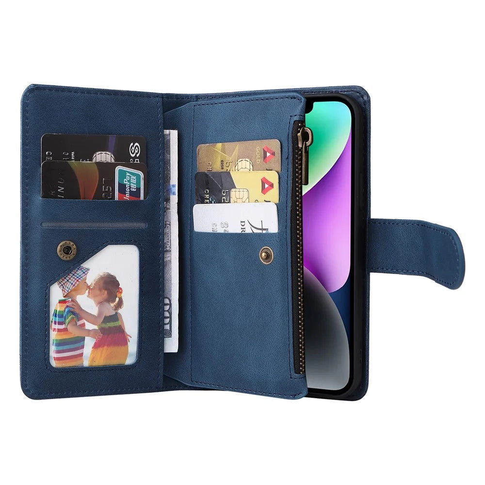 For iPhone 15 Plus Zipper Pocket Phone Case Imprinted Skin-touch Wallet Stand Multiple Card Slots PU Leather Cover - Blue - 2